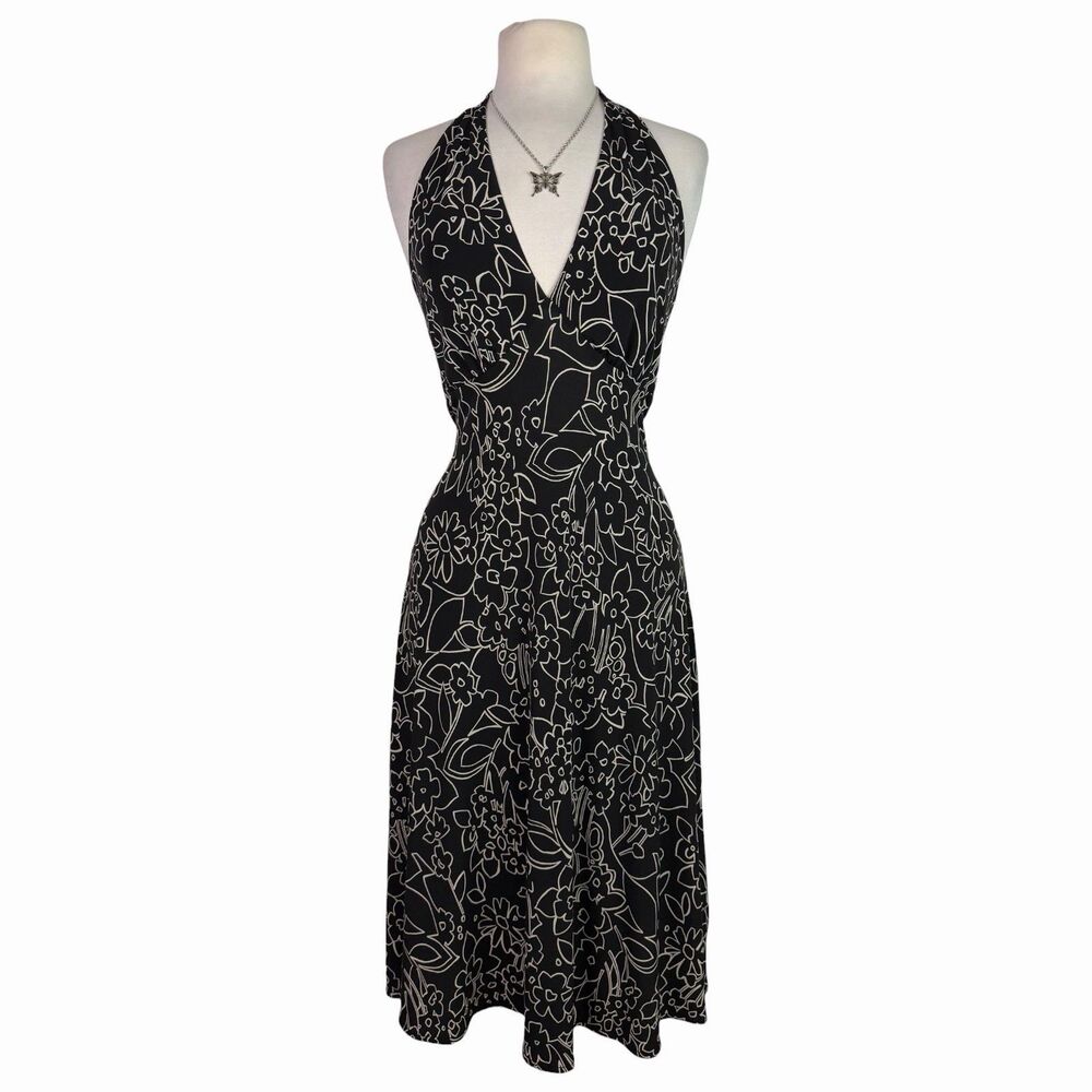 VTG Y2K Black Cream Floral Halter Midi Dress Plunge V-Neck Summer It Girl Sz 12